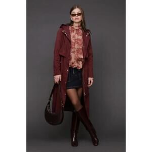 Avec Les Filles Burgundy Hooded Long Raincoat Jacket Size Small NWT